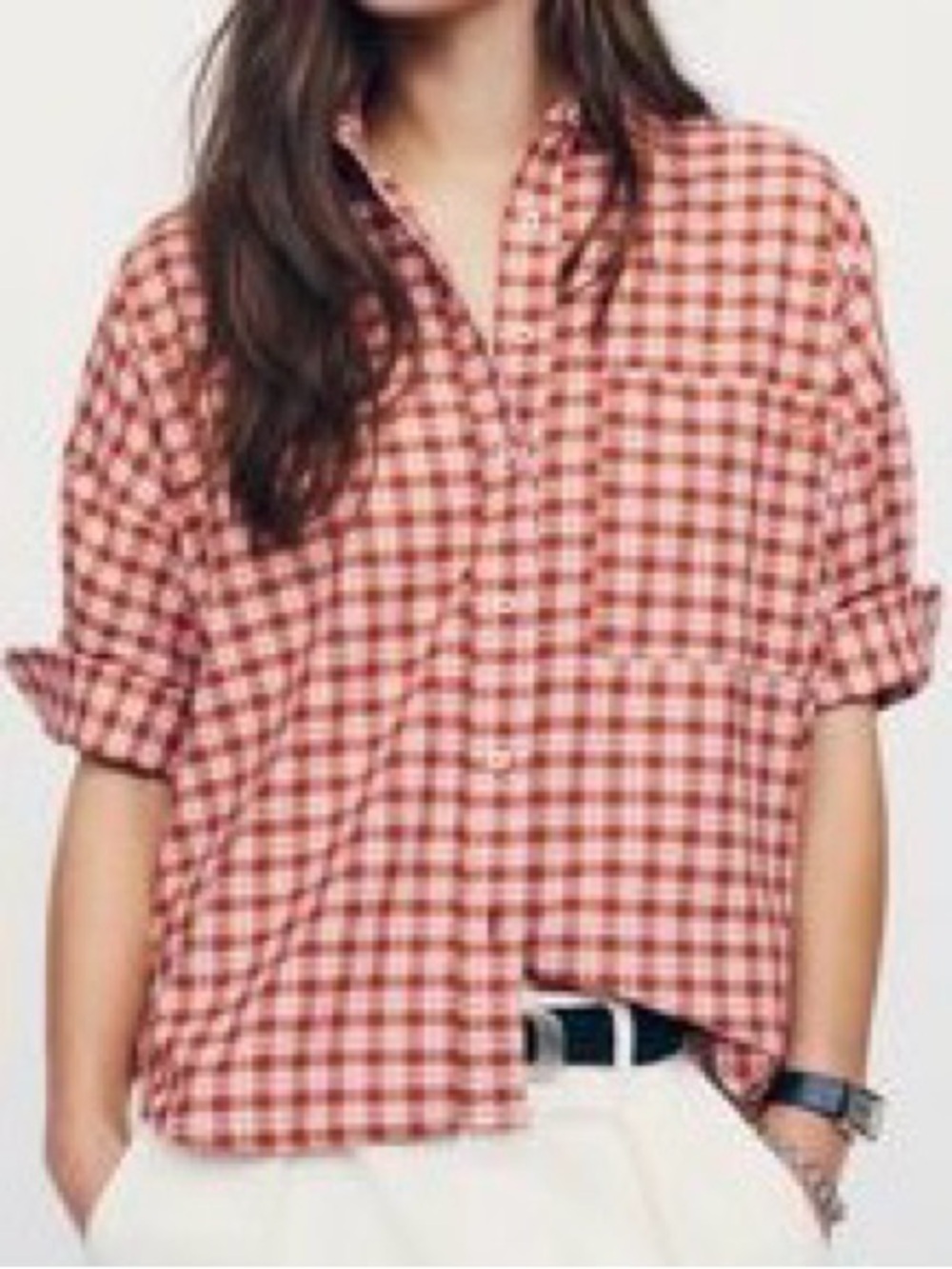 Maeve Anthropology Brown and White Plaid Short-Sleeve Button-Down Shirt